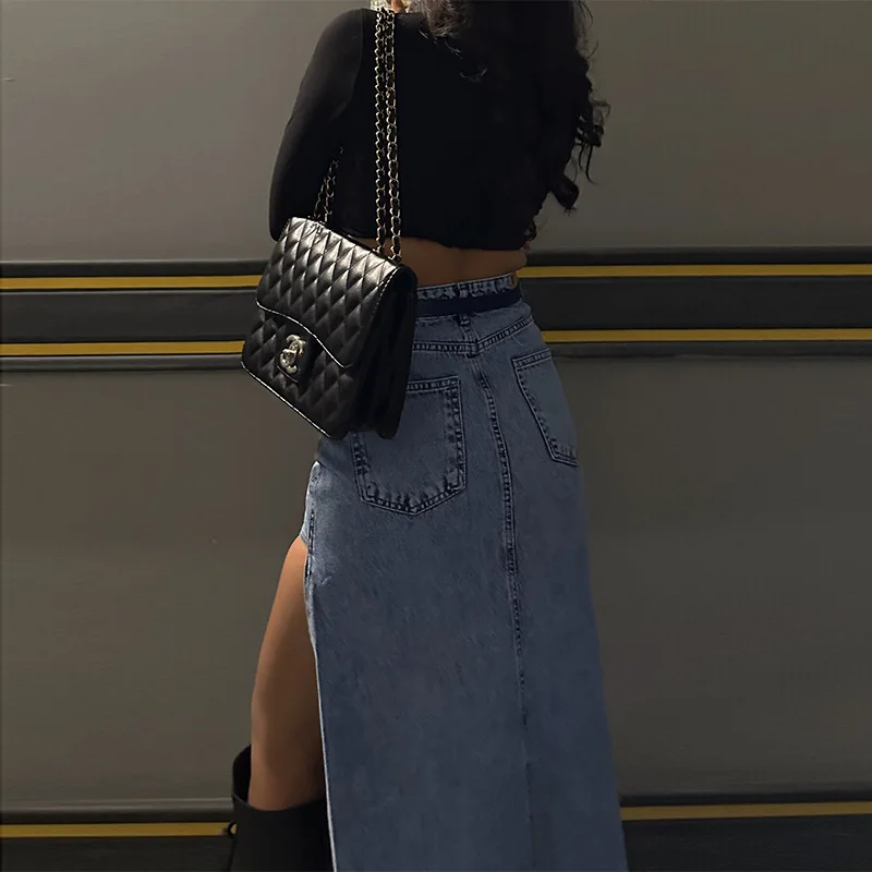 

Elegant Side Split Skirt Women Summer High Waist Midi Skirts Female 2023 Spring Fashion Denim Office Blue Ladies Clothes