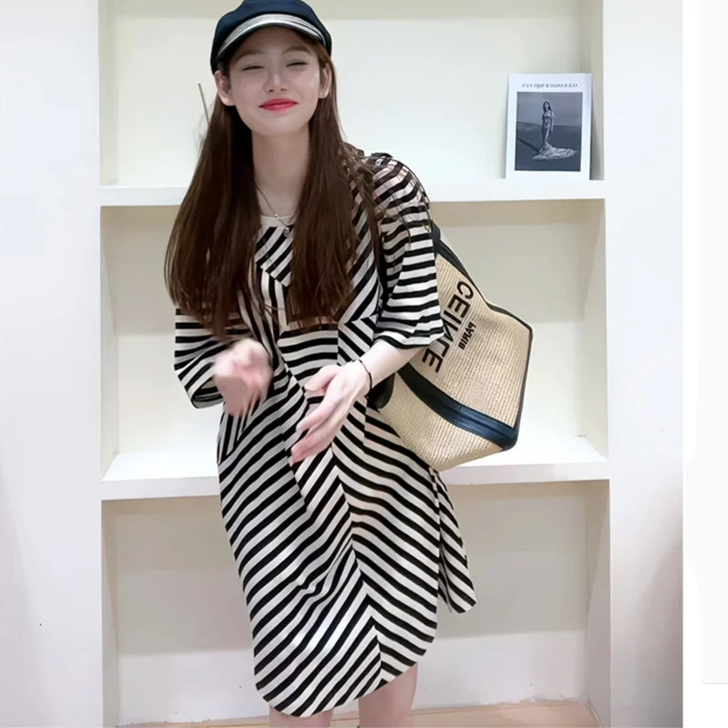 2023 Spring/Summer Korean Version New Loose Striped Dress High End Design Casual Fashion Simple A-line Short Skirt