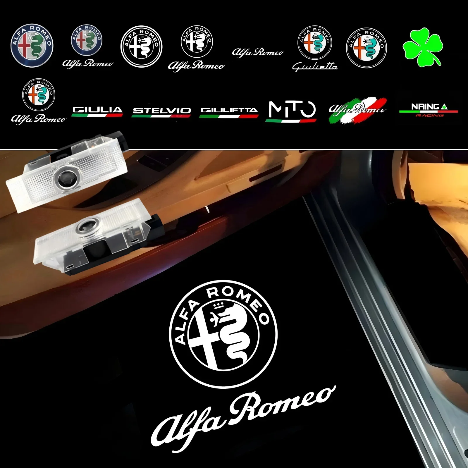Фото 2X светодиодные проекторы логотипа для дверей автомобиля Alfa Romeo Giulia 952, Tonale, Mito, Stelvio 949, Spider, 159, 166, GT, Giulietta №1