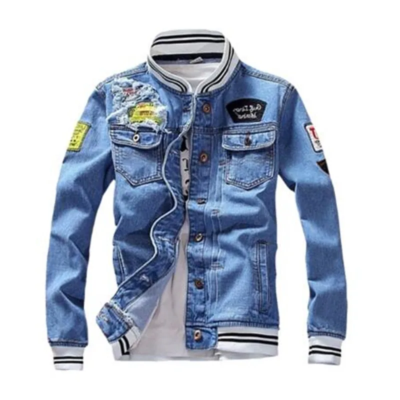 

Male Streetwear Men Loose Jean Coats Zipper New Fashion Mens Denim Jacket Spring Casual Slim Fit Stand Collar Pilot Jackets