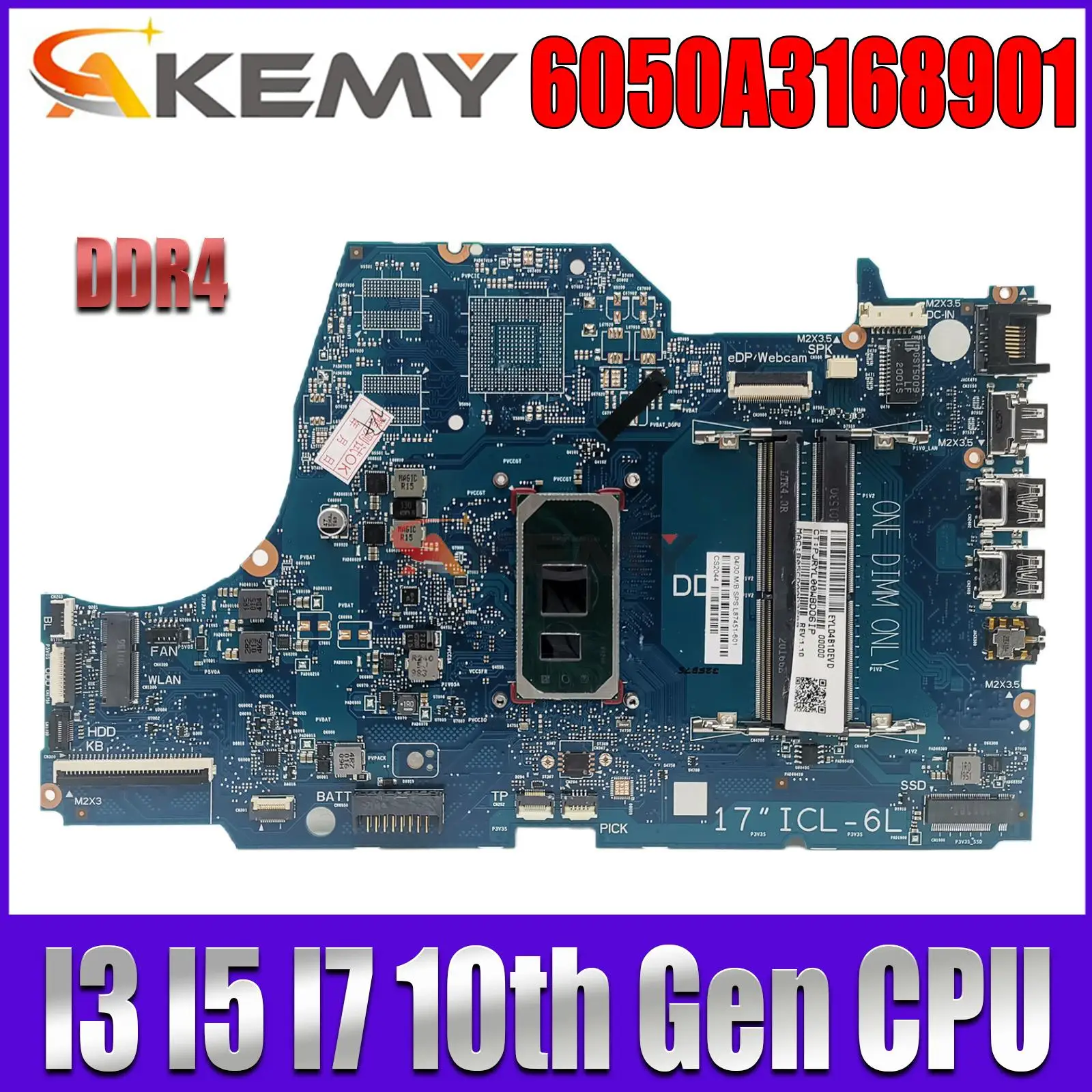 

For HP 17-BY SERIES INTEL CORE I3 I5 I7 10th Gen CPU LAPTOP PC MOTHERBOARD L87451-001 DDR4 6050A3168901 L87451-501/601 Mainboard