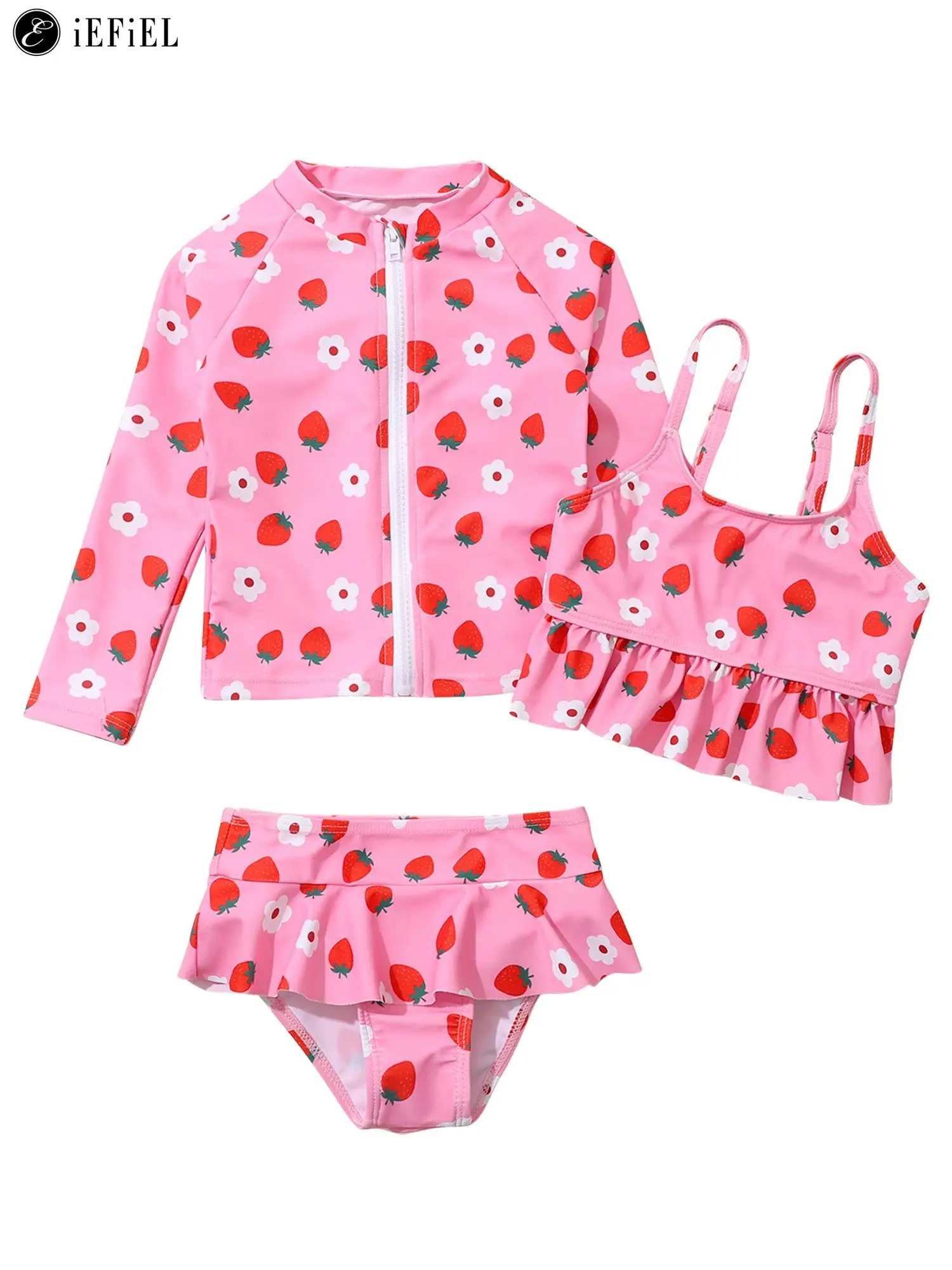 Kids Girls Strawberry Print Zipper Front Swimsuit Rash Guard with Briefs Bottoms 3 Pieces Swimwear Sunsuits Sun Protection