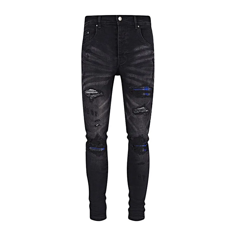 Fashion Brand Men's Jeans Streetwear Stretch Slim Fit Skinny Denim Ripped Blue Patch Pants Hip Hop Harajuku Male Pencil Trousers