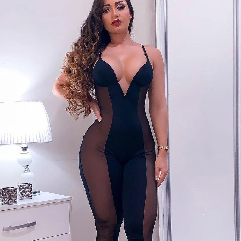 

Zoctuo Mesh Patchwork Women Strap Jumpsuit V Neck Bodycon Sexy Streetwear Club Outfits Rompers Festival Clothing Wholesale