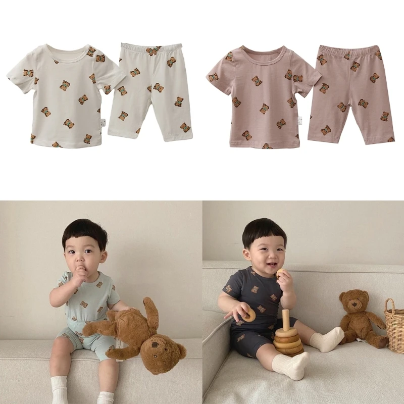 

1-5Y Baby Suits Summer Outfit 2Piece Toddler Bear Print Thin Shirt & Five Pants Girl Boys Gender Neutral Indoor Clothing A2UB