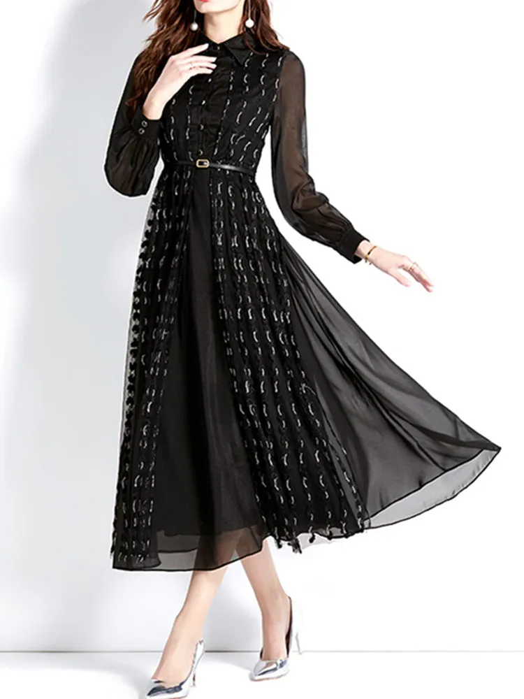 

Женское однобортное платье-рубашка SMTHMA, винтажное Элегантное Длинное Платье с цветочной вышивкой и поясом