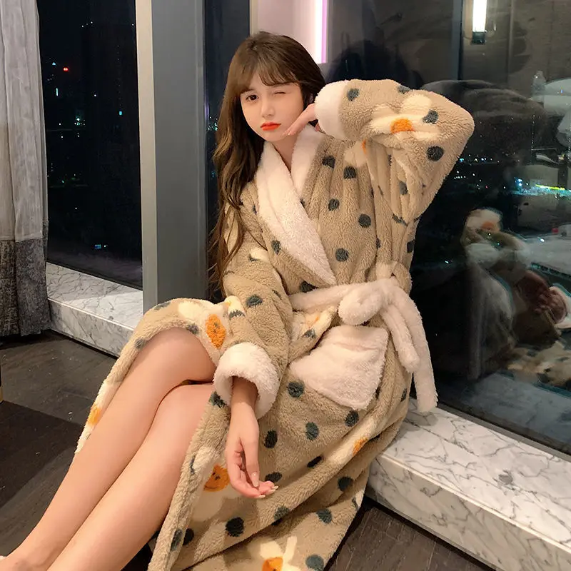 QWEEK Women Winter Plus Size Long Coral Fleece Bathrobe Kimono Warm Flannel Bath Robe Cozy Night Sleepwear Dressing Gown