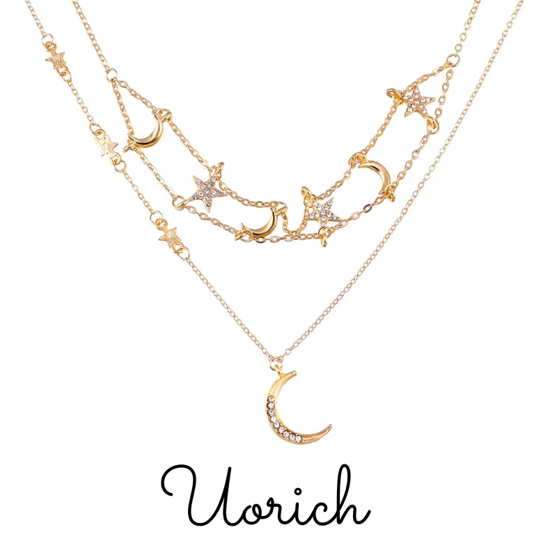 Uorich Ретро Легкая Роскошная Пентаграмма Полумесяц Инкрустация Алмазное Ожерелье