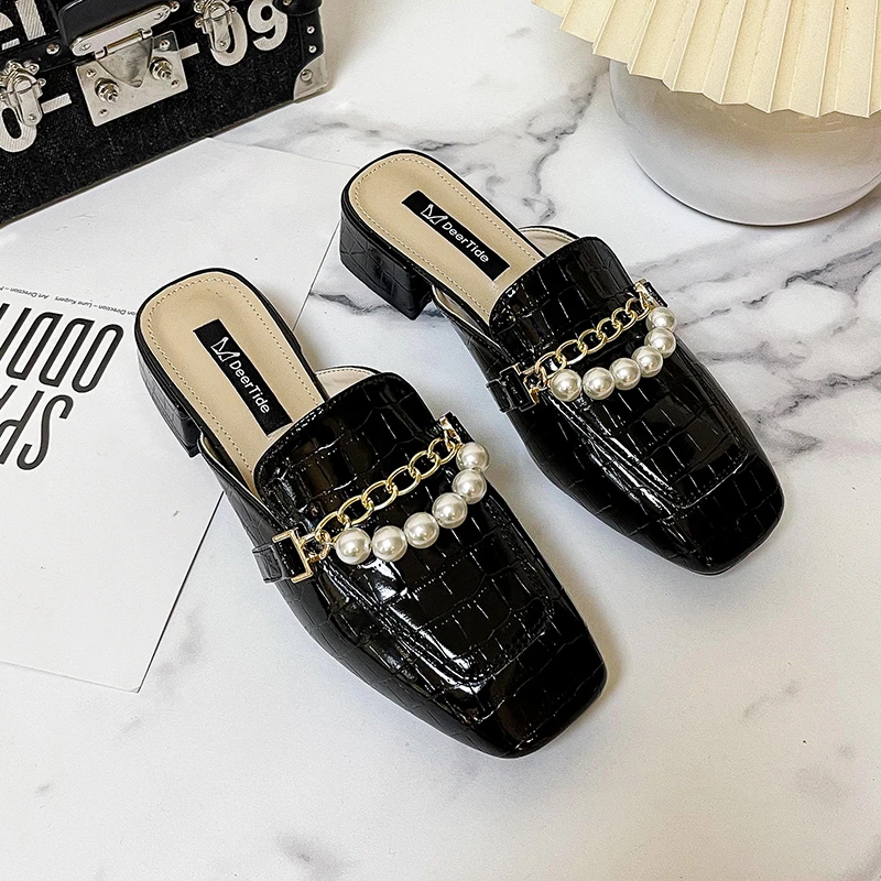 

Hot Square heel String Bead Shoes Woman Loafers Cover Toe Med Female Slippers Mules Sexy Block New PU Slides Fabric Rubber Hoof