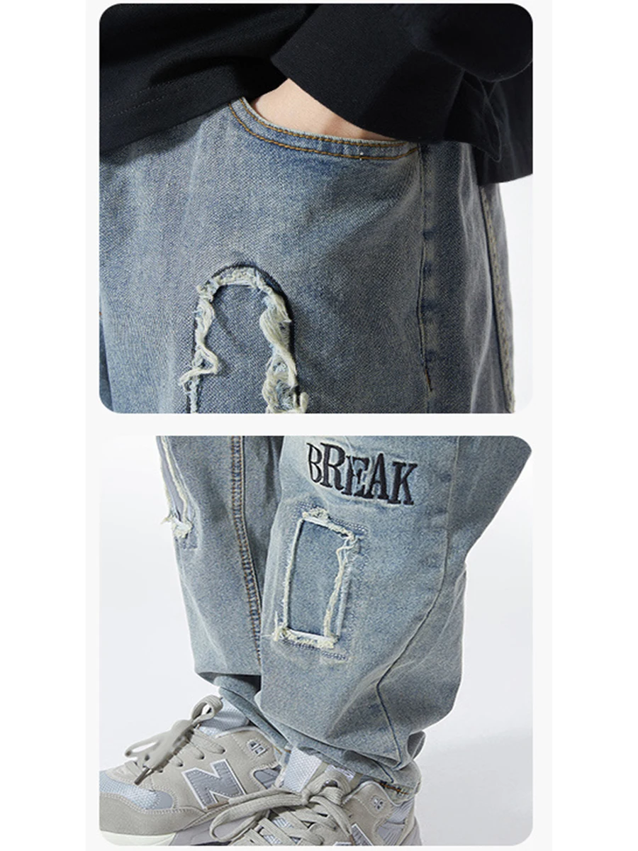 European and American Men Fashion Trend Washed Embroidered Jeans Men American High Street Retro Loose Straight Hole Pants Denim
