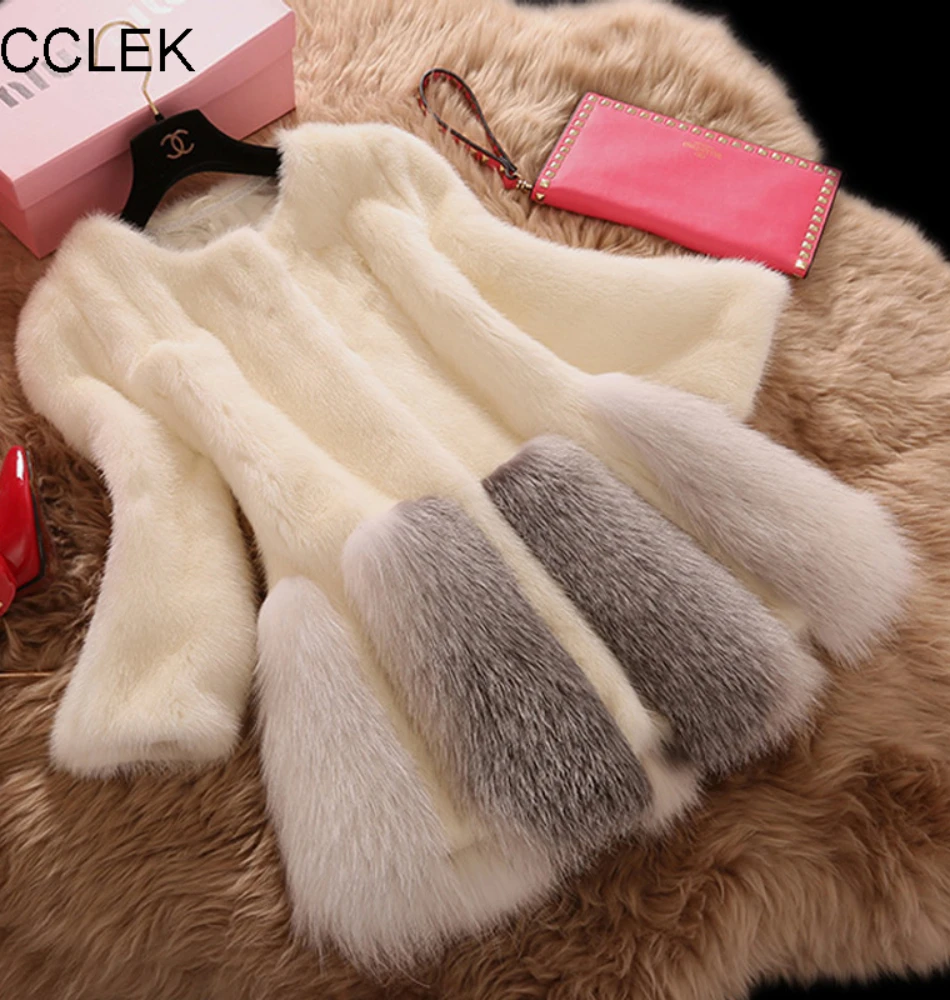 ICCLEK Imitation mink fur coat women's round neck slim fitting Haining fox hair medium length coat
