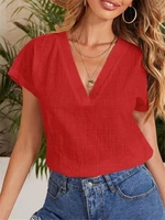 2022 simple women elegant tops blusas cotton linen t shirt summer solid short sleeve blouse female fashion office v neck shirts