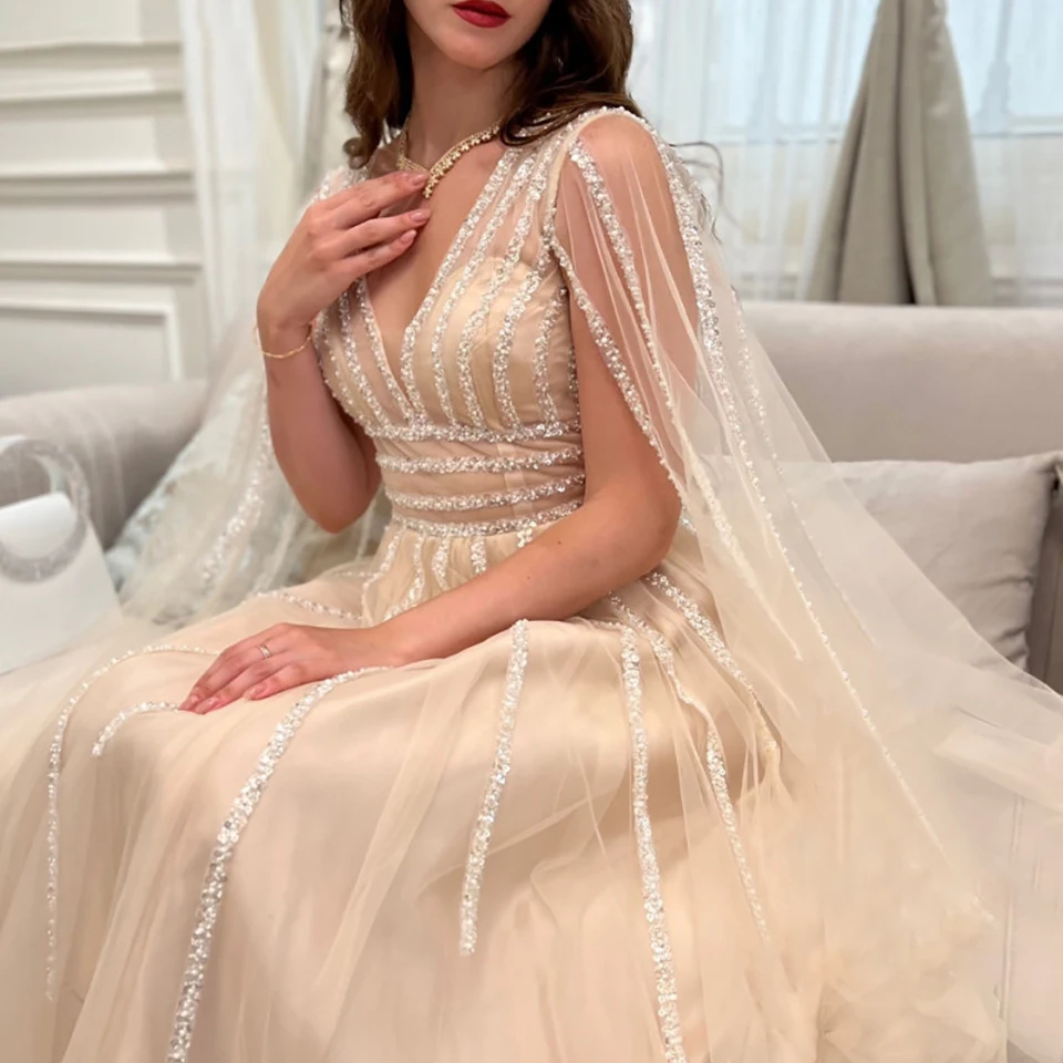 

Luxury Champagne Tulle Shiny Sequined Beaded Evening Dress 2023 V-Neck Party Gowns Special Occasion Prom Gowns Vestidos De Noche