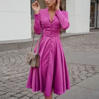 elegant party vestidos red female sexy v neck satin midi dress women autumn long sleeve buttons office ladies a line solid dress