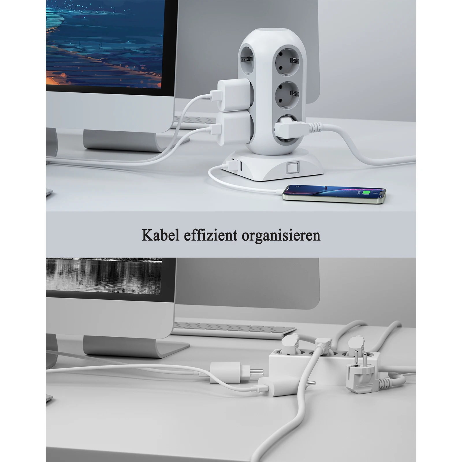 TESSAN Multiple Socket Tower Power Strip with 3/12 AC Outlets and 3 USB Ports EU 1.5m/2m Extension Cable |