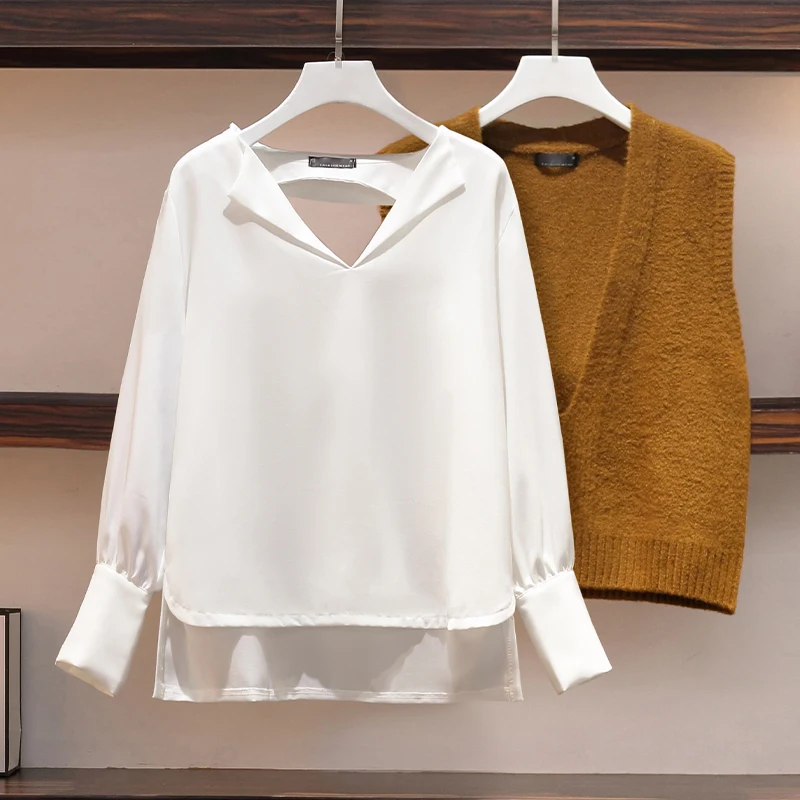 Женский элегантный костюм белая рубашка + вязаный свитер жилет и юбка модель 2022