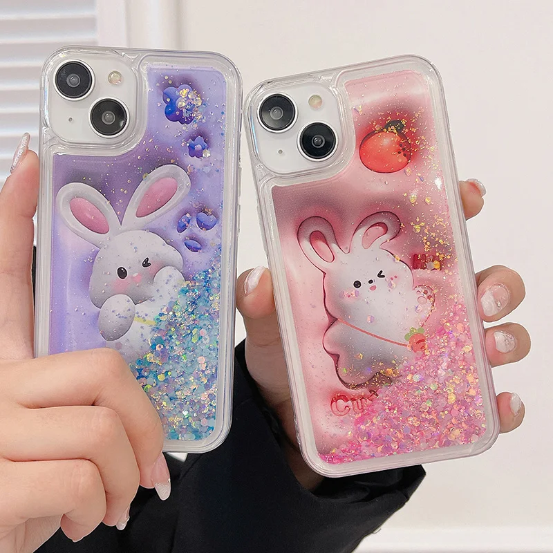

Luxury Liquid Quicksand Glitter Sequins Night Light Luminous Case For iPhone 14 11 12 13 Pro Max 3D Purple Rabbit Back Cover
