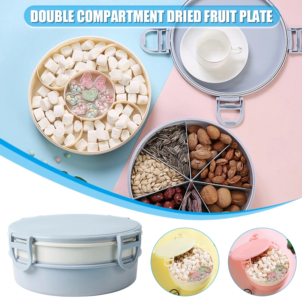 

Double Compartment Dry Fruit Tray With Lid Round Candy Box Multifunctional Plastic Snack Storage Box For Kitchen Organizer