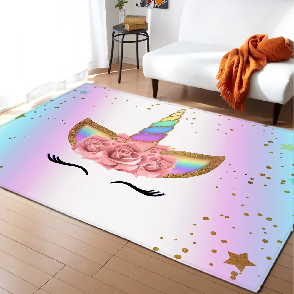 

Cartoon Child Unicorn 3D Printed Carpets for Living Room Bedroom Bedside Table Area Rug Soft Flannel Room Play Crawl Floor Mat