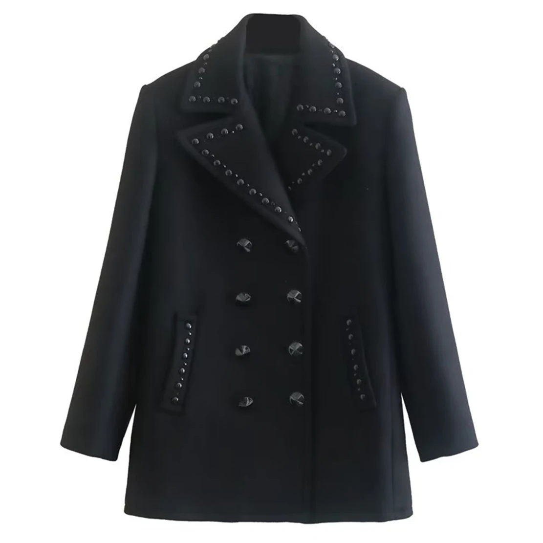 

Jenny&Dave England Style Vintage Double Breasted Rivet Double Breasted Loose Long Coat Woolen Blazers Women