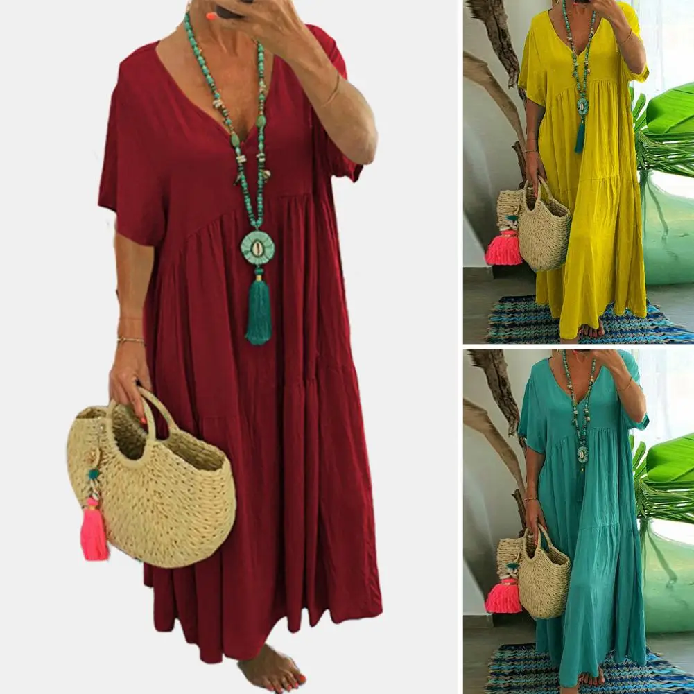

Loose Women Maxi Dress Pleated V Neck Vintage Short Sleeves Patchwork Loose Hem Solid Color Lady Dress Vestidos Female Clothes