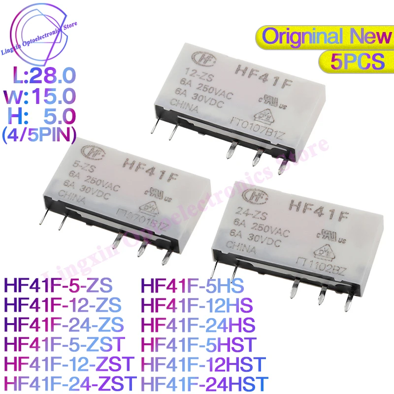 

5Pcs new original HF relay HF41F-005-ZS HF41F-012-ZS HF41F-024-ZS HF41F 5V 12V 24V ZS ZST HS HST 5 pin 6A 41F-1Z-C2-1 relay base