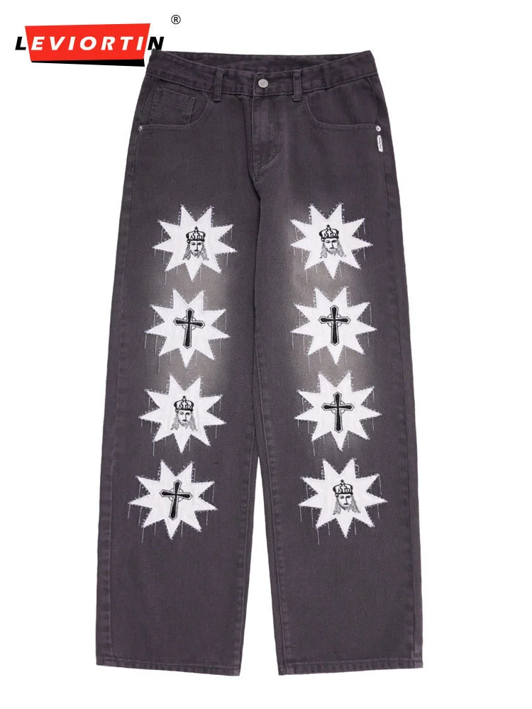 

Retro Hip Hop Embroidered Streetwear Casual Denim Pants Men And Women Straight Loose Washed Oversized Jeans Trousers