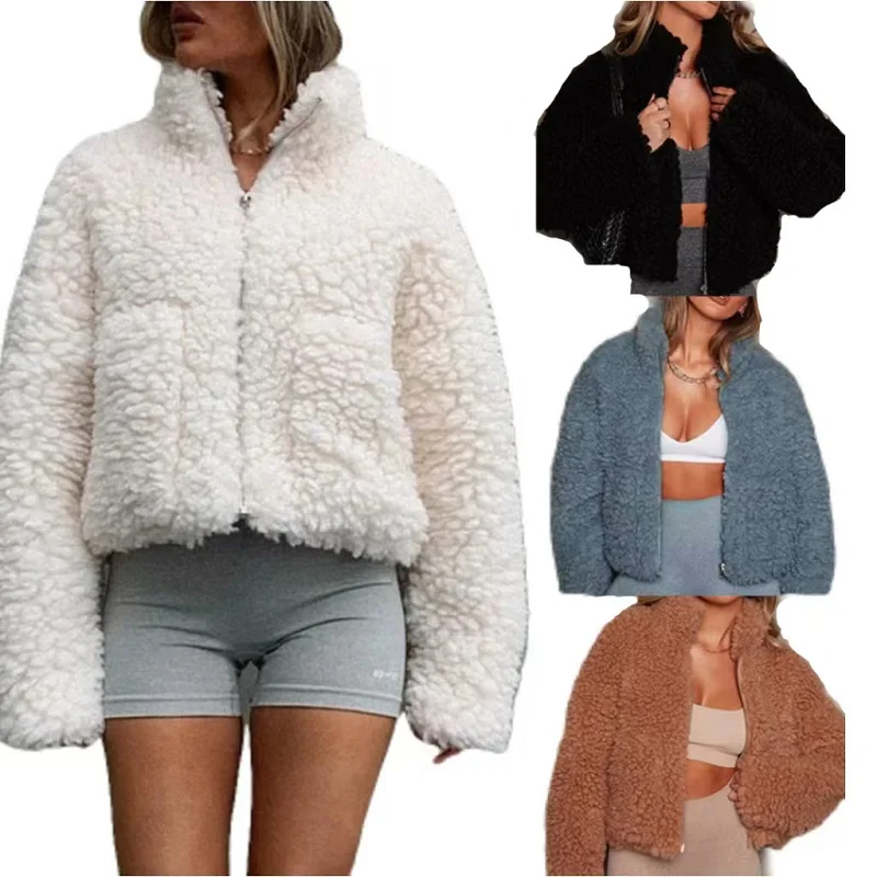 

Новинка Осень-зима 2023, плюшевый кардиган с воротником-стойкой, теплая свободная короткая куртка, пальто из овечьей шерсти, уличное хипстерское пальто