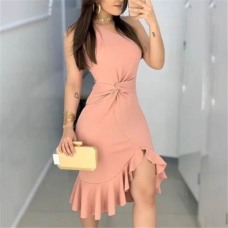 

2022 Fashion Women's Single Slanted Shoulder Asymmetrical Hem Dress Office Ladies Irregular Ruffled Mini Dress Party Vestidos