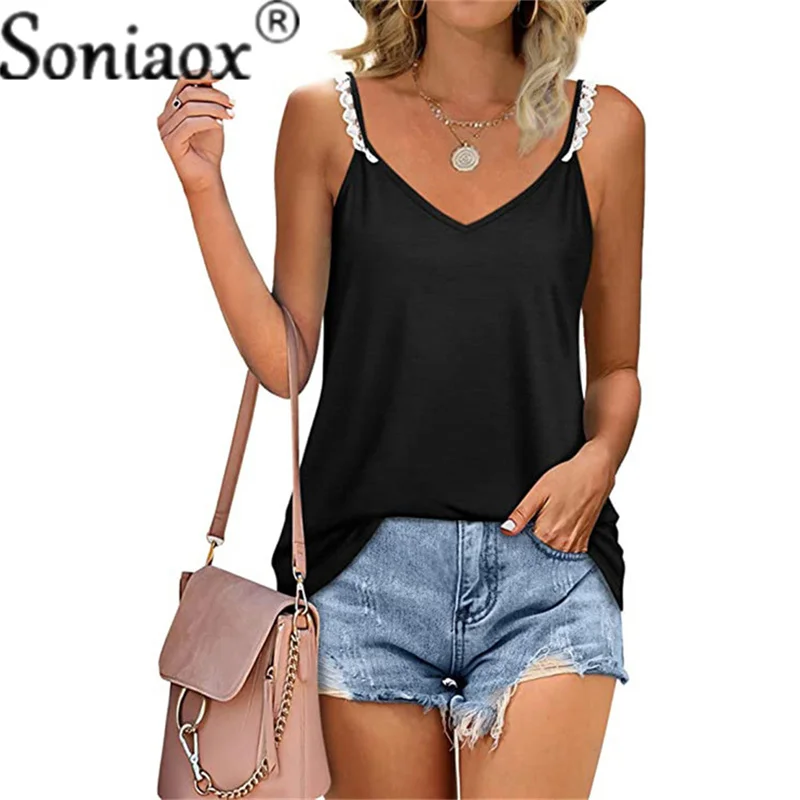 Купи Large Size Ladies Casual Loose Solid Color Tank Tops Women Sexy Camisole High Quality V-Neck Vest Female Lace Patchwork T-Shirt за 436 рублей в магазине AliExpress