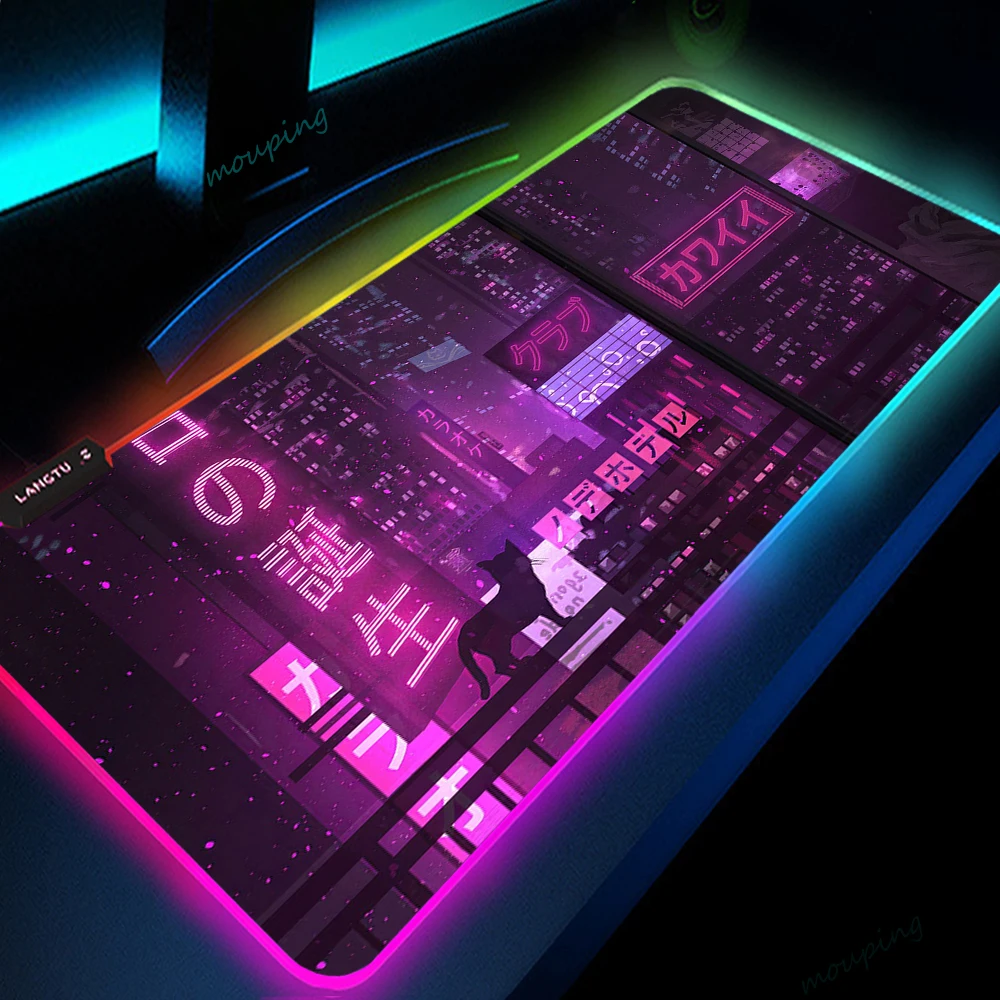 

Pink Kawaii RGB Mousepad Led Neon Purple Deskmat Nativity Retrowave Gaming Laptop Mousepad Desk Accessories Vaporwave Office Mat