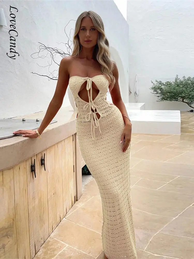 

Sexy Hollow Out Off Shoulder Knitted Dress Chic Slim Fit Slash Neck Strapless Dresses 2023 Summer Female Vacation Party Vestidos