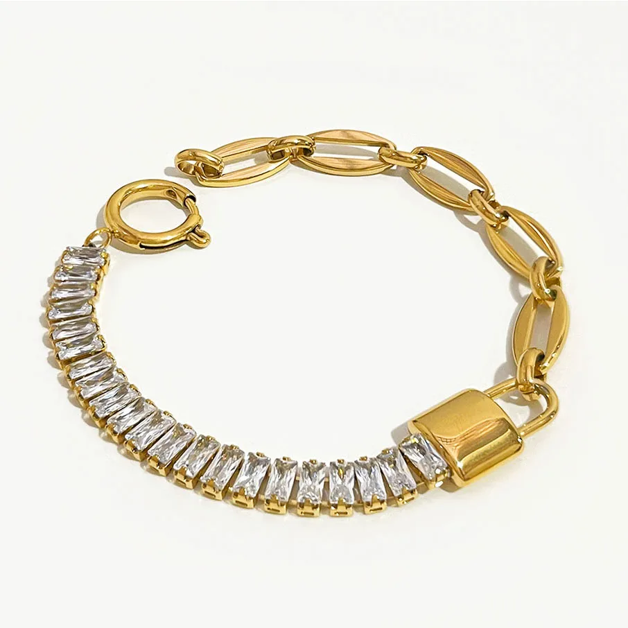 

Peri'sbox Bling Cubic Zirconia Mixed Chain Lock Bracelet Gold Color Stainless Steel Cz Bracelets for Women Delicate Jewelry Hot