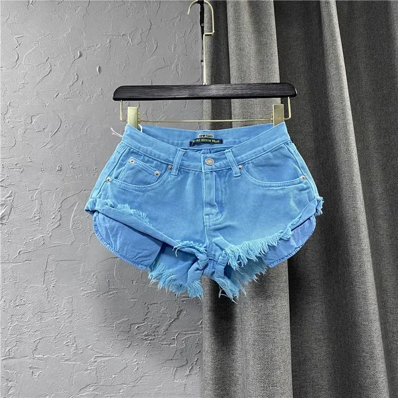 

Зеленые популярные брюки, новинка 2023, летние женские джинсовые шорты, трапециевидные короткие джинсы с бахромой и дырками