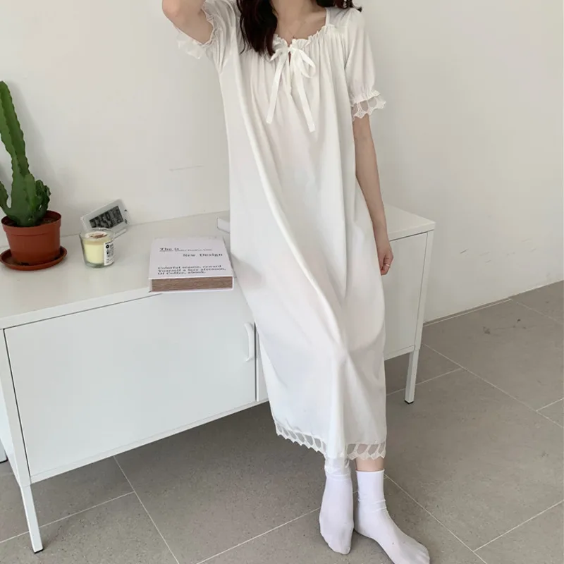 Summer Short Sleeve Nightdress Women Silk Kawaii Nightgowns Elegant White Nightwear Comfy Sleepwear Night Dress Pajama for Lady