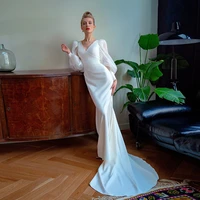 white full sleeve modern elegant evening dresses floor length open back button satin prom dress women v neck pleat party gown