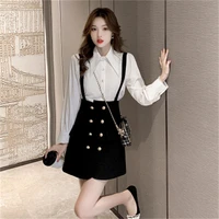 sweet chiffon white blouse shirtdouble breasted suspender short skirt set 2 piece outfits for women tops party mini skirts suit