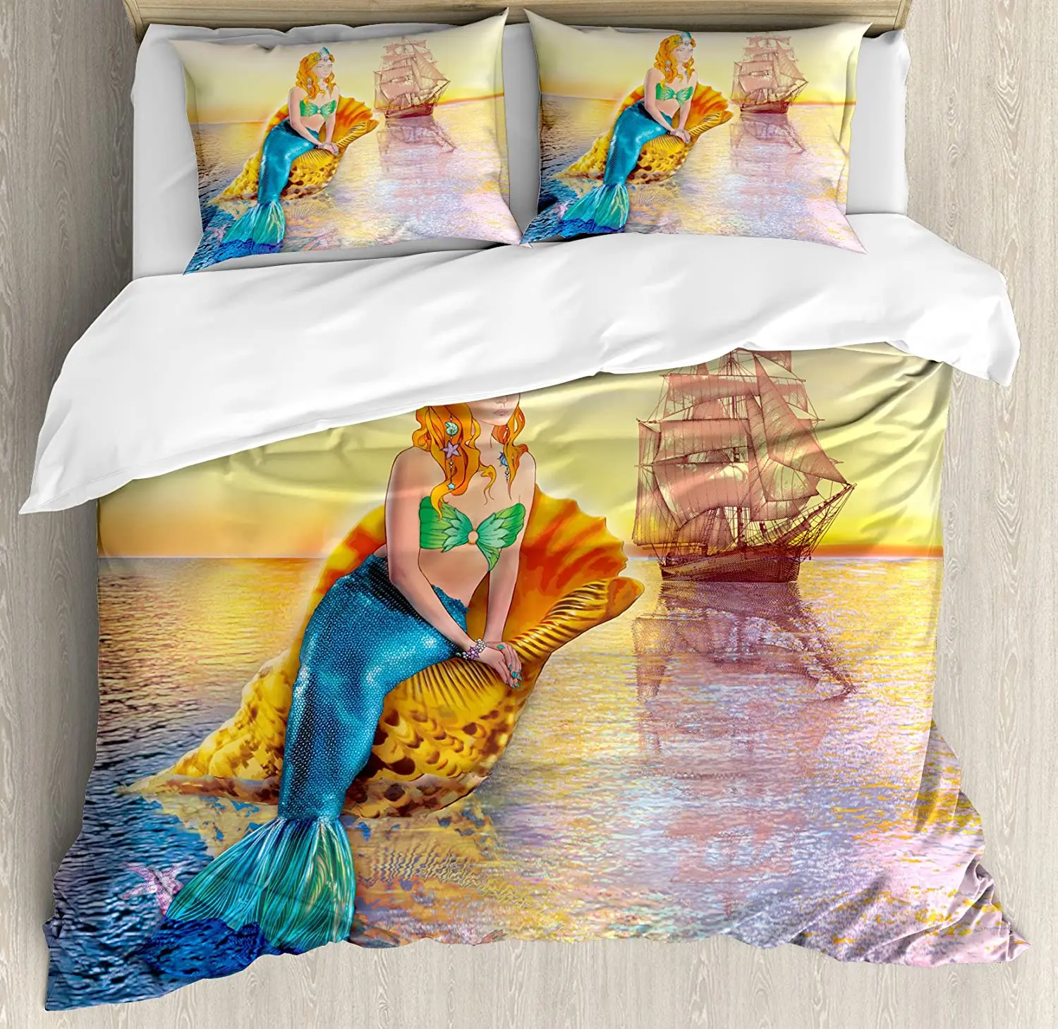 

Mermaid Bedding Set Mythical Figure Sitting on a Giant Seas 3pcs Duvet Cover Set Bed Set Quilt Cover Pillow Case Comforter Cover