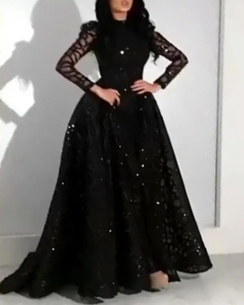 Women Elegant Sequin Prom Dress Crew Neck Hollow Long Sleeve Tight Fitted Cocktail Party Dress Fashion Maxi Evening Ball Gowns