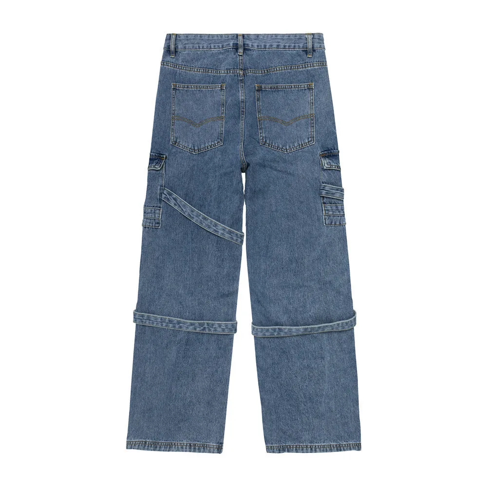 Wide Leg Cargo Pants Autumn New Streetwear Baggy Hip Hop Jeans Big Pockets Men Korean Fashion Loose Straight Male Clothing Blue