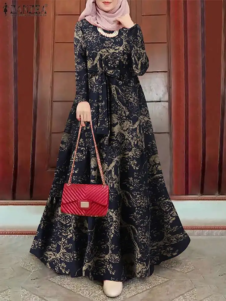ZANZEA Bohemian Casual Elegant Turkish Islamic Clothing Spring Women Floral Print Dress Full Sleeve O-Neck Ankle Length Dresses