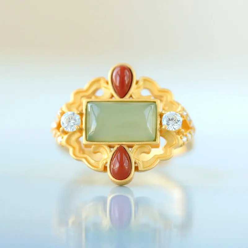 

Rectangular natural Hetian jade drop-shaped southern red tourmaline hollow lace embellishment opening adjustable ladies ring