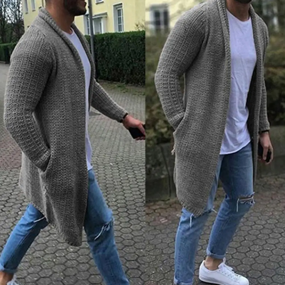 Fashion Men Sweater Coat Solid Color Open Front Knit Loose Pocket Long Cardigan Male Clothing Streetwear