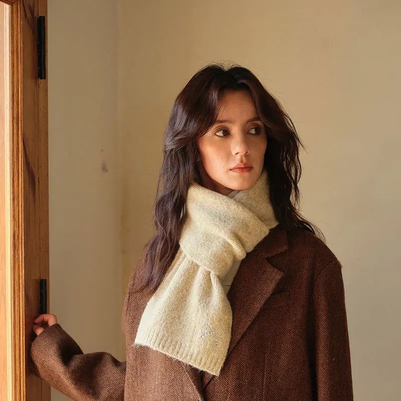 USPOP Зимний вязаный шарф из смесовой шерсти для женщин с искусственным бантом