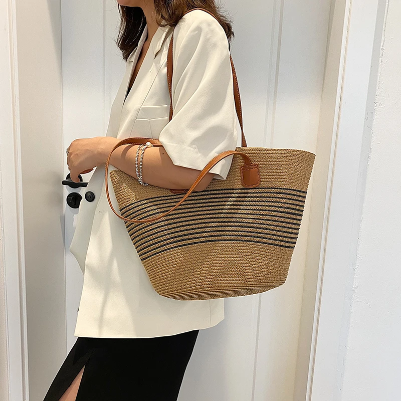 Large Capacity Handbags Lady Casual Tote Sac Fashion Shoulder Bags Designer Stripes Straw Bag Women Travel Beach Top-Handle Bags