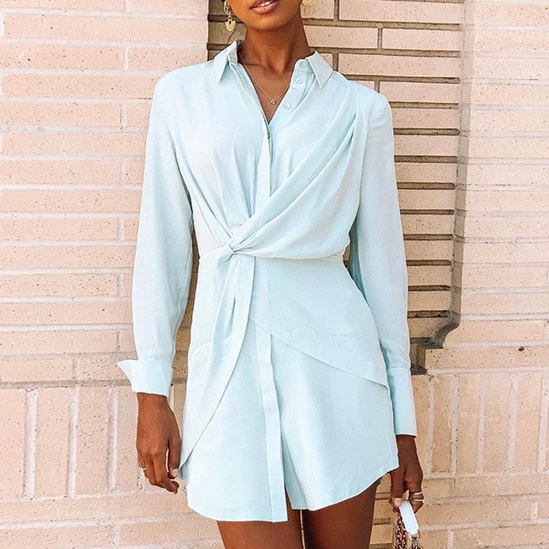 

Lapel Slim Ladies Dress Blue Shirt Dress 2021 New Long Sleeve Single Breasted Irregular Summer Dress Loose Casual Mini Dress
