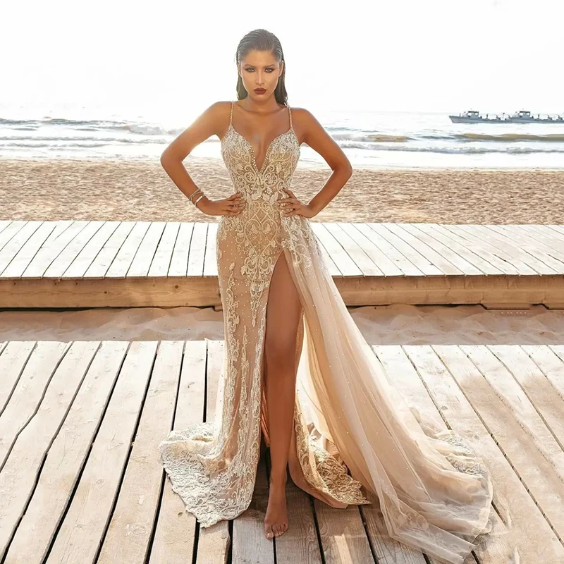 2023 Summer New Women's Sexy Strap Dress Sleeveless V-neck Split Lace Hollow Long Dress