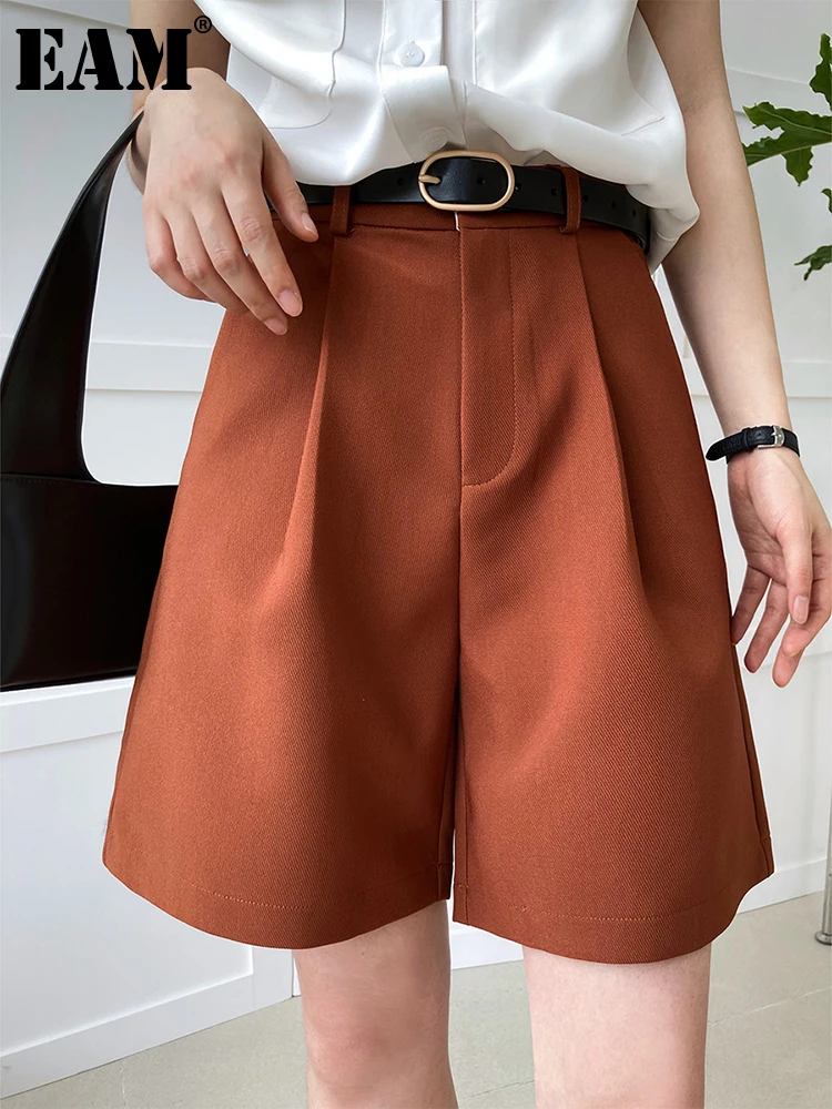 

[EAM] Women Gray Brief Casual Wide Leg Shorts New High Waist Loose Fit Trousers Fashion Tide Spring Summer 2022 1DE8789
