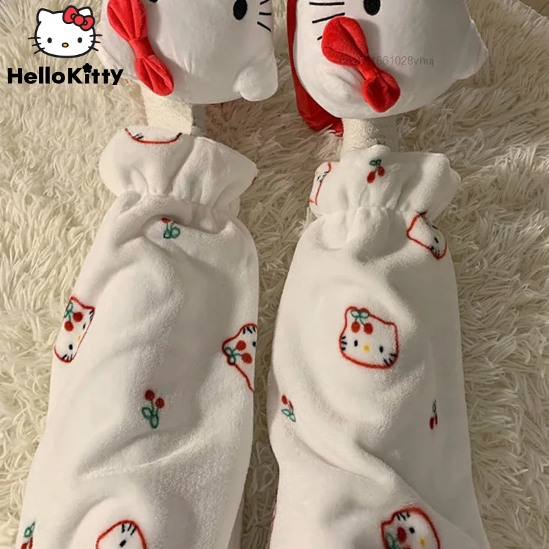 Sanrio Hello Kitty Flannel Sleepwear Pant Y2k Cute Anime KT Women's Trousers Winter New Style Pajamas Thick Plush Home Trousers