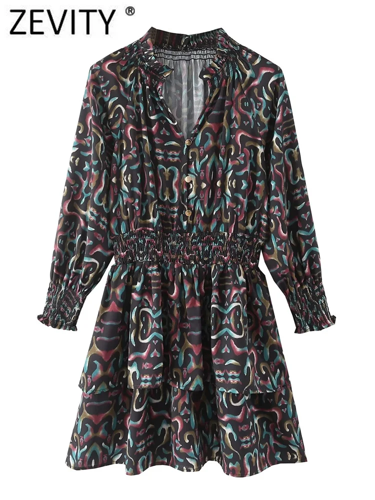 

Zevity 2022 женское винтажное платье с воротником-стойкой, тотем, цветочным геометрическим принтом, эластичным поясом, мини-платье, женские шика...